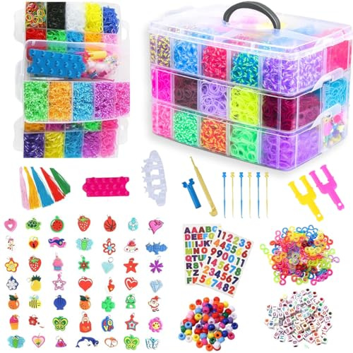 15000+ Loom Bands Kit - Vibrant Colors Loom Bands – Rubber Bands Bracelet Making Kit with A,B,C Beads, Bracelet Connector and Tools with Storage Box - DIY Arts & Crafts Easter Gift for Girls& Boys