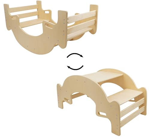 509 Crew Rock N Grow, Montessori Wooden Rocker Teeter Totter converts to Kids Table & Chair Set, for 2 Kids, Plywood, Color Natural