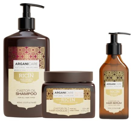 ARGANICARE Coffret Ricin Bio Shampoing 400 ml + Masque Réparateur XXL 500 ml + Sérum 100 ml, routine 3-en-1 accélérateur de croissance, apaise le cuir chevelu, nourrit et renforce