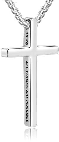 Fiusem Cross Necklace for Men, Inspirational Bible Verse Cross Chain for Men, Stainless Steel Box Necklace 14K Silver Plated 22, WITH GOD ALL THINGS ARE POSSIBLE