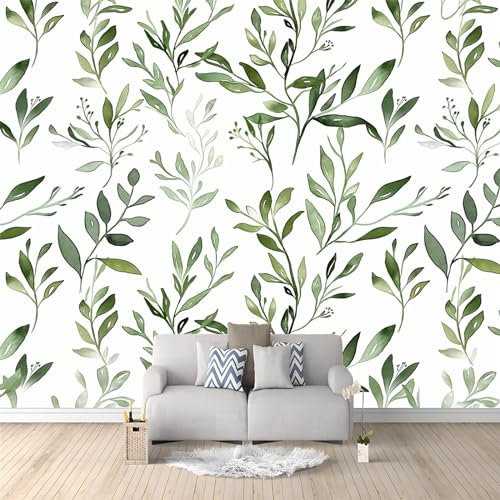 Papier Peint Panoramique Feuilles Vertes Aquarelle Et Branches De Feuillage, 150 x 105 cm Papier Peint Intissé Personnalisé Photo Murale pour Chambre d'enfants Appartement Décoration Murale