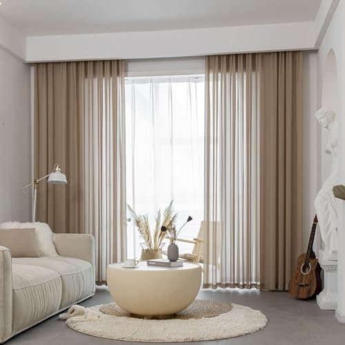 Beydodo Gardinen für Schienensystem 107x160CM, Vorhänge Khaki 2er Set mit Haken Modern Einfarbig Gardinenschals Halbtransparent für Wohnzimmer Schlafzimmer Küche