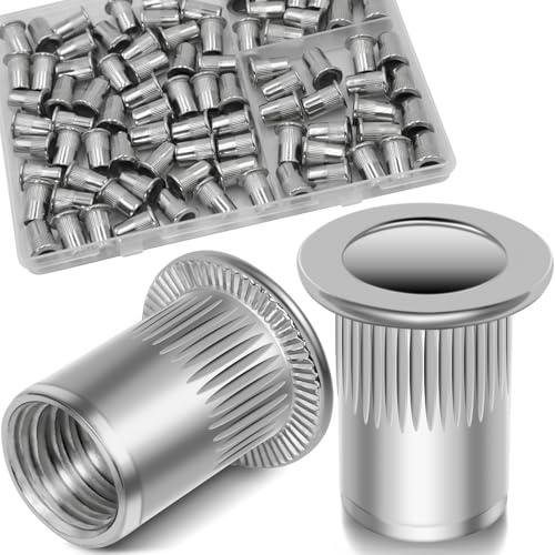 Vifmy 1/4''-20 UNC Rivet Nut, 88Pcs 304 Stainless Steel Flat Head Rivnut Threaded Insert Nutsert