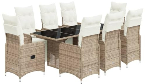 vidaXL Garten Bistroset 9-TLG., Balkonset mit Kissen, Gartenmöbel Tisch 8 Verstellbare Stühle, Balkonmöbel Sitzgruppe Gartengarnitur, Braun Poly Rattan