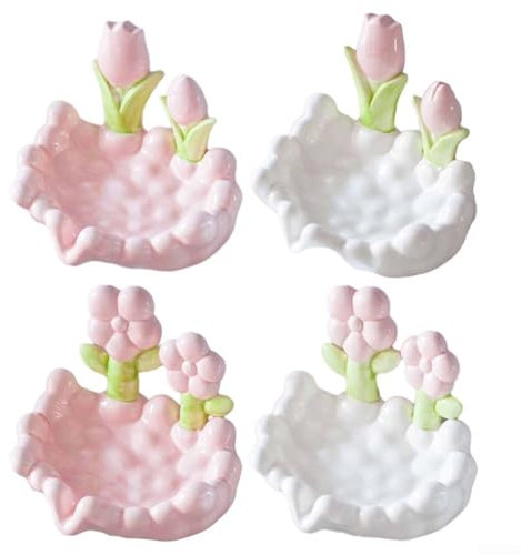 Eleganter Seifenhalter, selbstentleerende Porzellanschale, schönes Blumen-Design (Tulpenweiß)