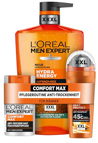 L'Oréal Men Expert Pflegeset für Männer, Mit XXXL Duschgel, XXL Deoroller und Gesichtscreme, Set für Herren mit Taurin, Ceramiden und Keramik, Hydra Energy, Heat Protect, Comfort Max, 3-teilig
