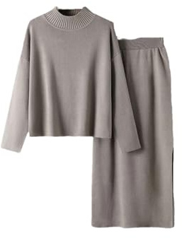 2-teiliges Strickset für Damen, Maxi-Rock, Trainingsanzüge, warmer Rollkragenpullover + langer, gerader Midirock, zweiteiliges Set, hellbraun, Einheitsgröße