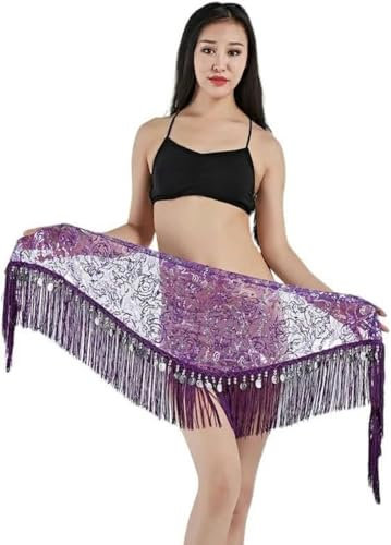 BDXZGX Münzgürtel, Münzschal, Bauchtanz, professionelles Kostümzubehör, Tanzgürtel, Bauchtanz-Hüfttuch für Damen, Damenbekleidung, Silber-Lila