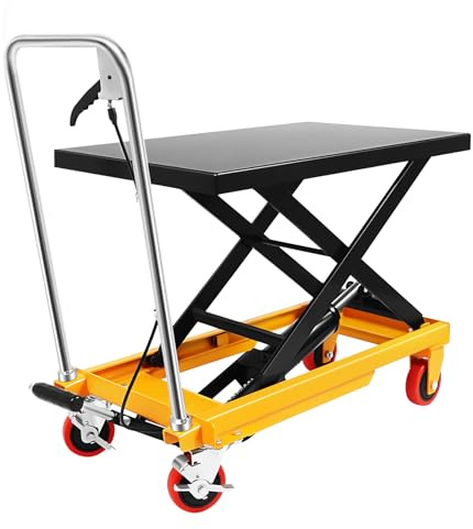 500lbs Hydraulic Lift Table Cart, with 28.5 Max Lifting Height, Manual Scissor Lift Table on Locking PU Wheels, Detachable Handle & Pedal for Safe Material Handling in Warehouse & Factory