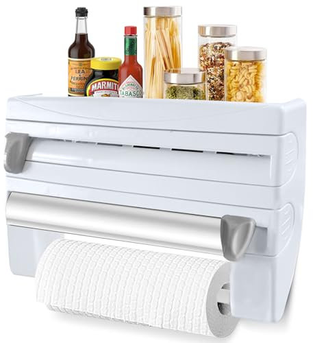 Frischhaltefolienspender, 3 in 1 Multifunktional Alufolienspender und Frischhalte Platz Sparen, Küchenrollenhalter Wand Tragfähigkeit 3 ​​kg, Wandrollenhalter Küche Geeignet für Küche, esszimmer