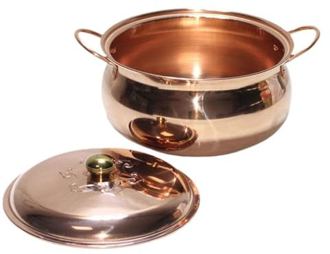 Casserole à soupe en cuivre pur avec couvercle - Double poignée - Compatible avec induction - Batterie de cuisine en cuivre robuste pour soupe, salade et plats chauds - Ustensile de cuisine essentiel