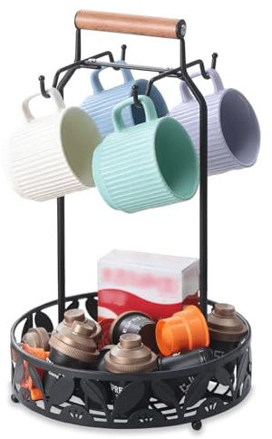 Ouseen Soporte para tazas para encimera con cesta de almacenamiento redonda, árbol 2 en 1 con capacidad para 4 tazas grandes, accesorios de barra de café y soporte para cápsulas de café para