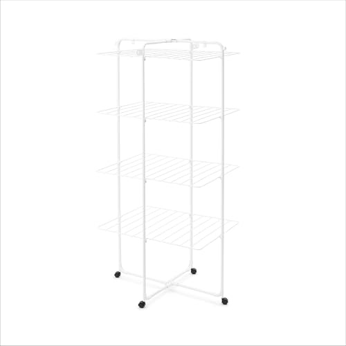 Brabantia HangOn Tendedero en Torre 30 M (Blanco), tendedero Vertical Que Ahorra Espacio, tenderete de Ropa Plegable con 4 Niveles de Secado, Ruedas y Ganchos