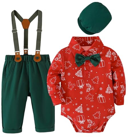 Fohuanky juloutfit för pojkar Spädbarnsfestkläder 4-deligt gentleman-set body fluga hatt & byxor med bukseremmer, röd, 6–9 Monate