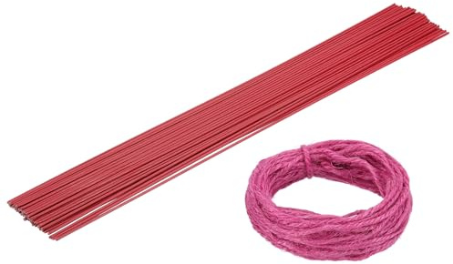 sourcing map 50Pcs 2 Gauge Floral Wire, 15.75 Length Flower Stem Wires with 0.08 x 32.8ft Twine for Wreath Making, Flower Arrangement, Red