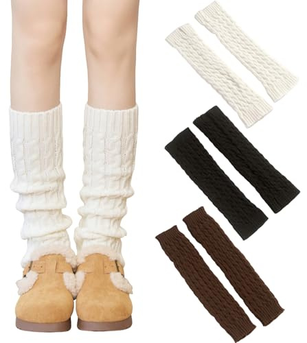 FangBoJie Stulpen Damen Leg Warmers Beinwärmer Frauen Mädchen Winter Beinstulpen Damen Stricken Legwarmers Knie Hoch Stulpen Trachtenstulpen Set Strick für Winterwärmer (3, Schwarz,Weiß,Kaffeebraun)