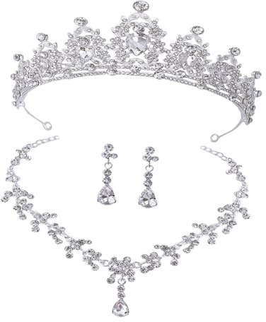 SHOWERORO Conjunto de Joyería Nupcial para Novia Tiara Plateada Collar y Pendientes de Boda Accesorios Elegantes para Ceremonia y Banquetes Joyas Nupciales para Boda y Compromiso