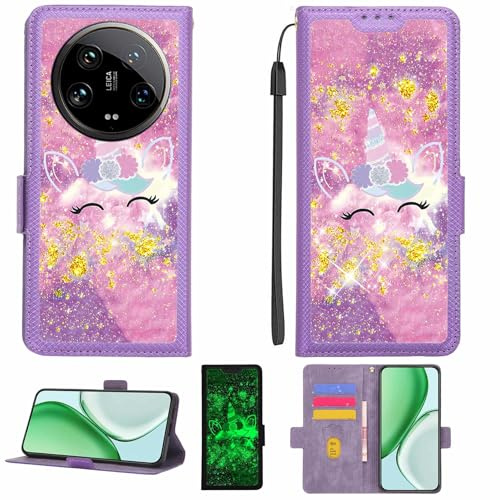Kinetijy Coque Compatible pour Xiaomi Mi 14 Ultra 5g Coque Étui Housse Case Support [avec Film Protecteur HD d'une dureté de 9H] [Blocage RFID][Paillettes dorées + Brillantes] LPT-DJS