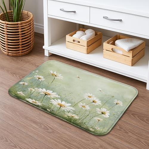 Tapete de baño floral de secado rápido con diseño floral de crisantemo, tapete de ducha antideslizante absorbente de flores verdes vintage, tapete de ducha decorativo de franela lavable para baño