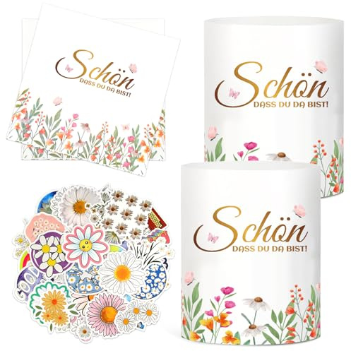 12 Windlicht Schön DASS Du Da Bist, Windlichter mit Blumen, und 20 Stück Servietten 50 Gänseblümchen Aufkleber, Frühlings Tischdeko Set, Tisch Deko für Geburtstag, Ostern Deko, Hochzeit, Taufe