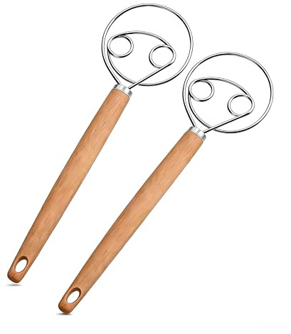 2Pcs Dough Whisk,Eyes Hand Egg Beater Mixer with Wooden Handle for Baking Cake,Danish Dough Whisk, Bread Dough Mixer Accessory Tool for The Kitchen for Bread Dough, Pastry, or Pizza Dough