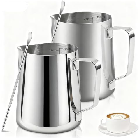 Stainless Steel Milk Jug,2 Pcs Milk Frothing Pitcher（350ml） with 2 Pcs Measurement and Latte Decorating Art Pen for Barista Making Coffee Cappuccino and Espresso (Silvery)