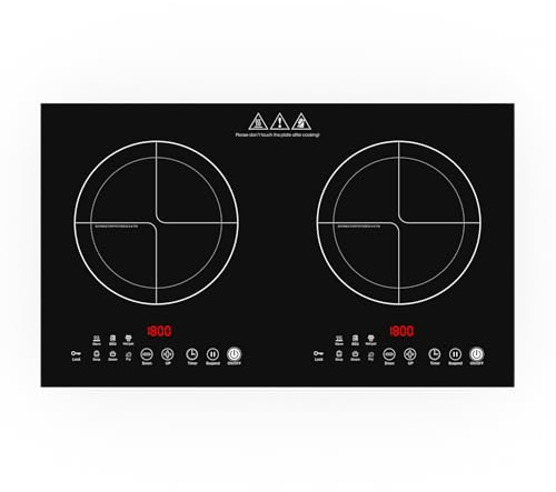 VBGK plaque cuisson induction 2 feux, 220V 3600W plaque cuisson induction 2 feux avec panneau brossé, plaque à induction avec 9 niveaux de puissance, sécurité enfant et minuterie 4 heures,