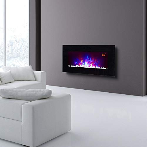 2025 72.6CM WIDE TRUFLAME LED BLACK FLAT GLASS WALL MOUNTED ELECTRIC FIRE WITH PEBBLES AND LOGS AND GLOW SIDE LEDS