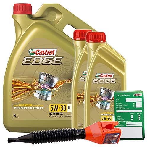 2x 1 L + 5 L = 7 Liter Castrol Edge Fluid Titanium 5W-30 LL Motoröl inkl. Castrol Ölwechselanhänger und Einfülltrichter