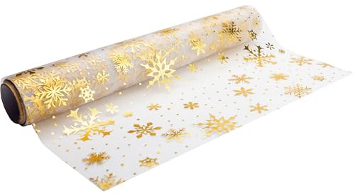 100%Mosel Organza Tischläufer Schneeflocken, in Gold (28 cm x 5 m) | Transparentes Tischband, edle Tischdeko für Weihnachten und Adventszeit, Festliche Dekoration zu besonderen Anlässen