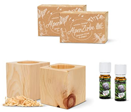 Zirbenwürfel-Set Doppelpackung mit 2x10ml Bio-Zirbenöl und 2x10g Zirbenspäne - ca. 7x7x8cm Würfel aus Zirbe