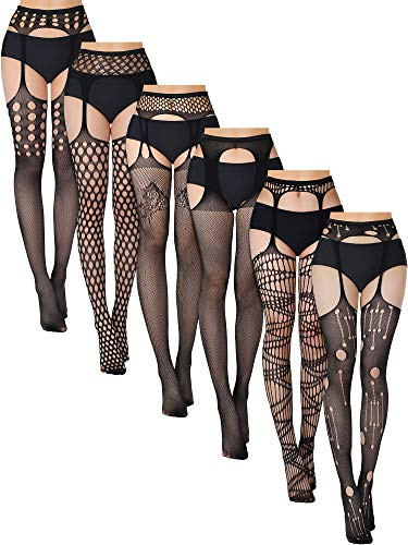 Skylety 6 Pairs Women Suspender Pantyhose Stockings Tights Stretchy High Stockings for Valentine's Day Dress up Favors (black, Medium - Large)