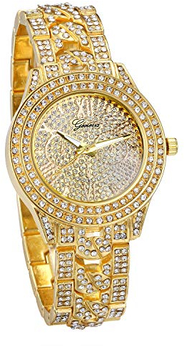 JewelryWe Uhr Damen Herren Elegant Armbanduhr mit Strass Glitzer Metallarmband Analog Quarz Uhr Muttertag Gold
