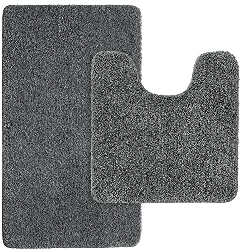 MIULEE Absorbent Bath Mat Set 2 Pieces Non Slip Bath Rug 50x80cm and U Shape WC Toilet Rug 50x50cm with High Hydroscopicity Rugs Super Soft Cozy and Shaggy Microfiber Rug Carpet for Bathroom Grey