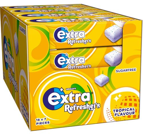 Wrigley's Extra Refreshers Chewing Gum, Tropical Flavour, 16 Packs of 7 Pieces, Sugar Free Chewing Gum Bulk Pack with Xylitol, Handy Box (112 pieces)