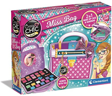 Clementoni Crazy Chic Miss Bag Farbenfrohes Make Up - Schminkset für Kinder ab 6 Jahren - Kosmetiktasche Mit Lipgloss, Lidschatten & Foundation - Kreativspielzeug, 18665