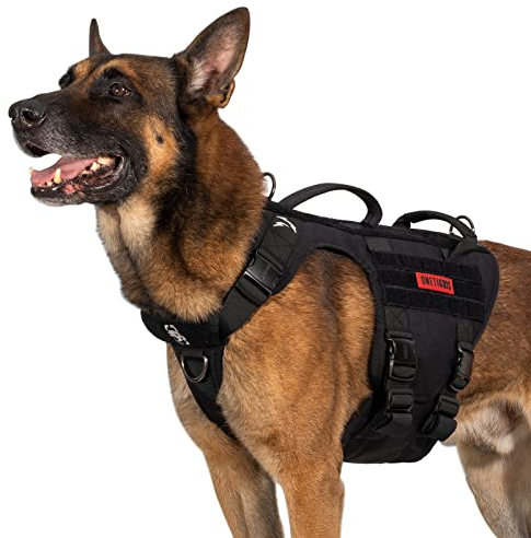 OneTigris Metallschnalle Hundegeschirr, Metall Taktisches Hundegeschirr Grosse Hunde, Verstellbar Brustgeschirr Mittelgroße Hunde 2 Griffe 3 Edelstahl D-Ring Schwarz XL