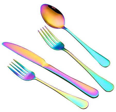 Set de couverts arc-en-ciel 16 pièces, couverts pour 4 personnes, set de couteaux, fourchettes et cuillères, couverts en acier inoxydable, lavable au lave-vaisselle