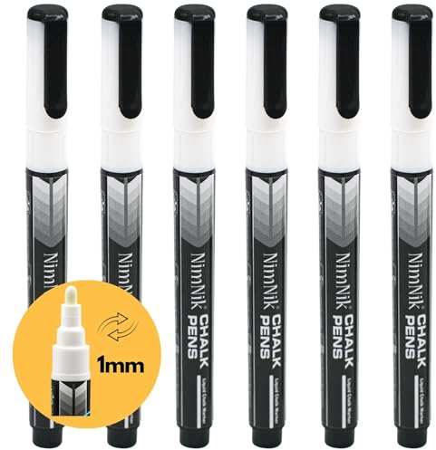 NimNik White Liquid Chalk Markers 1mm Nib - Use on Chalkboard, Whiteboard, Glass - 6 Pack - Water Based Wet Wipe Erasable Pen