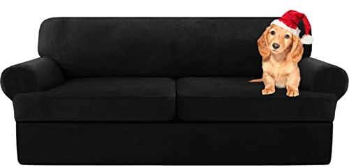 Sofa Cover,T Cushion Sofa Cover Velvet Non-Slip T Cushion 1/2/3 Seater Couch Cover with Individual T Cushion Seat Cover with Elastic Bands Furniture Slipcovers Protector (Black,X-2 Seat-3 pieces)