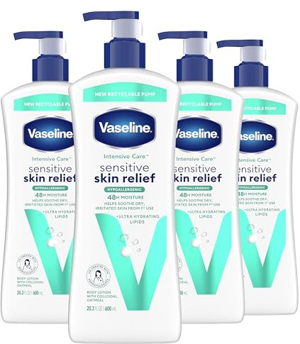 Vaseline Intensive Care Body Lotion 4 Pack Sensitive Skin Relief For Dry Skin With Colloidal Oatmeal and Ultra-Hydrating Lipids 20.3 oz