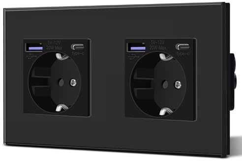 BSEED Steckdose aus Glas mit 20W USB C, Schnellladegerät Wandsteckdose, 3 in 1 Unterputz Steckdosen, Einfache Installation, 240V 16A, 157mm 2 Fach Schwarz