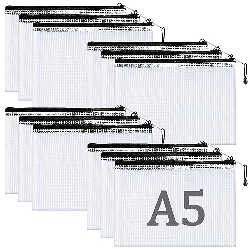 12 Stück Dokumententasche A5, Reißverschluss Dokumententaschen, Transparent Wasserdichte Mesh Bag PVC Reißverschlusstasche für Schulbürobedarf Kosmetik Reisezubehör
