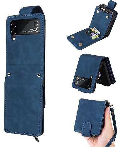QLTYPRI Étui portefeuille en cuir pour Samsung Galaxy Z Flip 3 5G, grande capacité, 2 porte-cartes et 1 poche zippée, dragonne, housse de protection magnétique pour Samsung Z Flip 3 5G, bleu