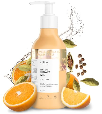 Aceite de Ducha Sensual So!Flow con Naranja Jugosa y Cardamomo, Enriquecido con Aceites Nutritivos de Babassu y Macadamia para una Experiencia de Ducha Revitalizante y Lujosa