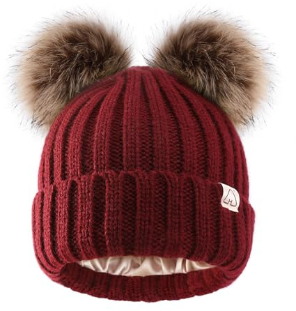 Hat Hut Bommelmütze Damen Satin gefütterte Beanie-Mütze Warme Wintermütze Mit Kunstpelz Bommel Strickmütze Pom Pom Beanie Hat (DE/NL/SE/PL, Alphanumerisch, Einheitsgröße, Rot 2 Poms)