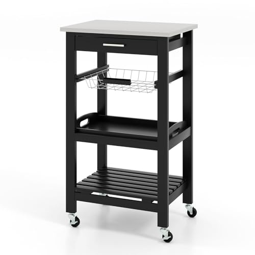 TANGZON Kitchen Trolley, Rolling Kitchen Island on Wheels with Removable Tray, Mesh Basket, Stainless Steel Worktop, Drawer & Slatted Shelf, Utility Serving Cart for Dining Living Room (Black)
