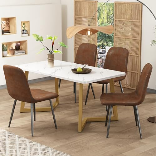 KUAKE Esszimmergruppe mit Esstisch & 4 Stühlen Küchentisch Set für Wohnzimmer Küche, Essgruppen mit Eisenbeine Esszimmerstühle Scandinavian Vintage Künstlich Wildledersitz für(Golden Tischbeine)