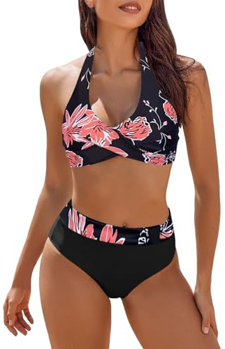riou Bikinis pour femme 2024 grande taille réducteur sans armatures taille haute vintage col en V bohème divisé maillot de bain haut et côté avec lacets, culottes d'été, voyage, plage, natation S-XXL,
