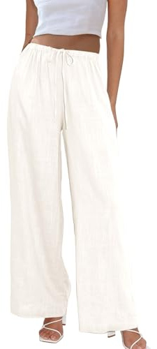 Duyang Womens Cotton Linen Palazzo Pants Drawstring Elastic Waist Casual Wide Leg Trousers with Pockets(Apricot,XS)